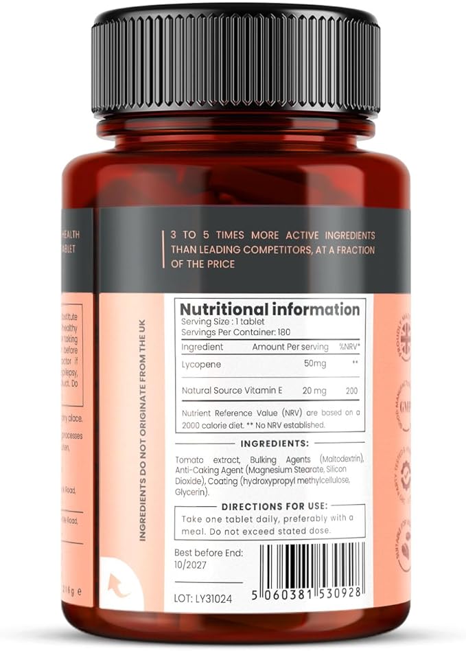pureclinica 50mg Lycopene x 360 Tablets (2 Bottles of 180 Tablets Each - 12 Months Supply). Triple Strength Lycopene are 3 x Strength of Regular Tablets.