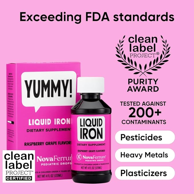 NovaFerrum Yummy | Pediatric Drops Liquid Iron Supplement for Infants and Toddlers | Liquid Iron for Kids | 15mg of Iron Per 1mL Dose | Ages 4 & Under | Gluten Free Certified | Sugar-Free | Raspberry