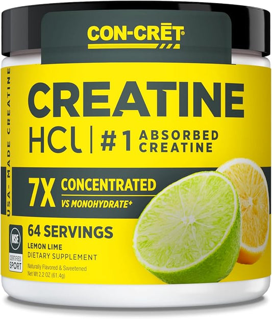 CON-CRET Creatine HCl Powder | Muscle, Cognitive, Cellular Energy Support | No Bloating or Cramps | USA Made & NSF Certified | Lemon Lime (64 Serving)