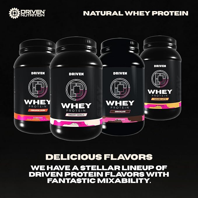 Driven WHEY- Grass Fed Whey Protein Powder: Delicious, Clean Protein Shake- Improve Muscle Recovery with 23 Grams of Protein with Added BCAA and Digestive Enzymes (2 lb, Creamy Vanilla)