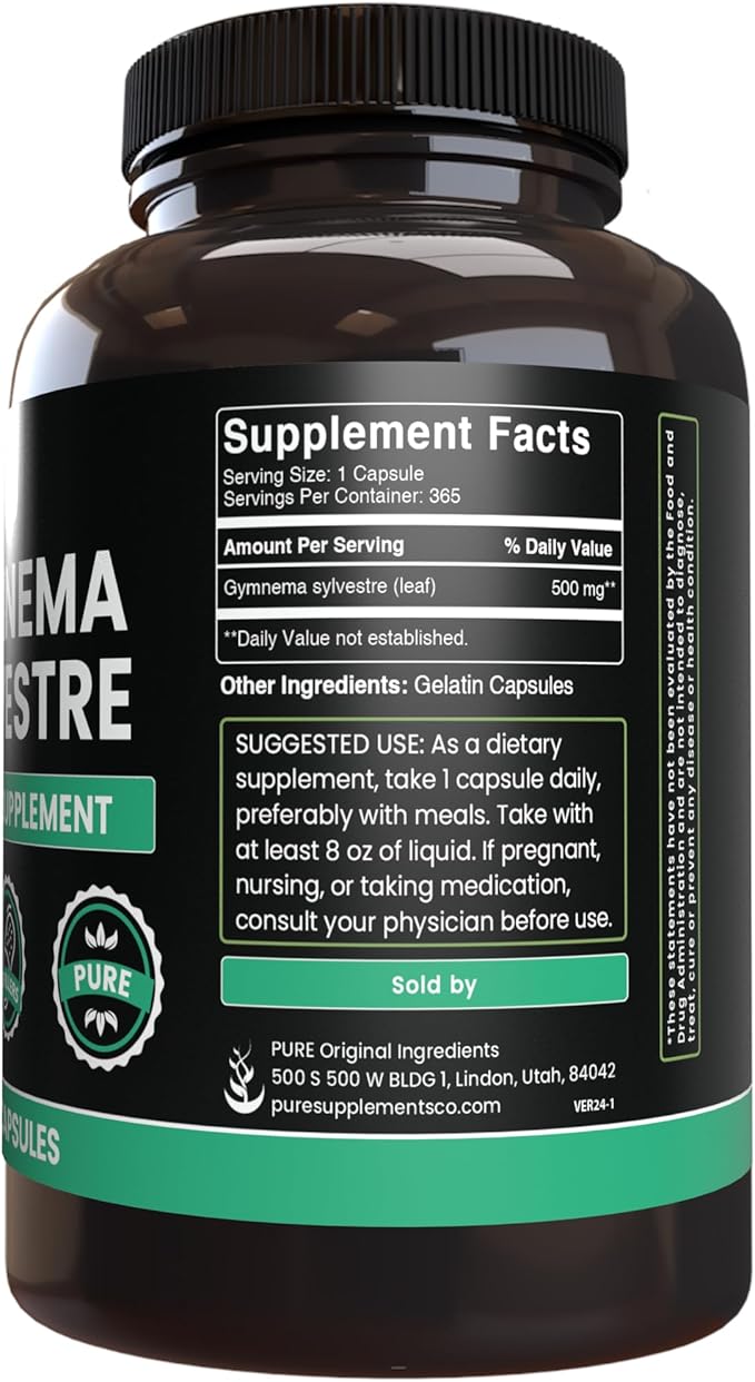PURE ORIGINAL INGREDIENTS Gymnema Sylvestre (365 Capsules), No Magnesium or Rice Fillers, Always Pure, Lab Verified