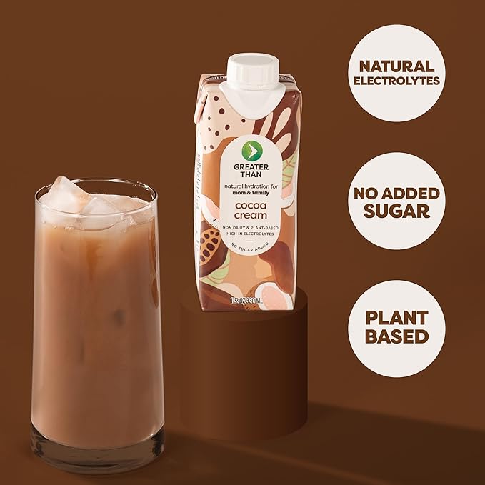Greater Than Nutrient Hydration Beverage, Electrolyte Drink for Gut Health & Energy with Coconut Water, Vitamins, Gluten Free, Plant Based, Low Sugar, Cocoa Cream, 24 Pack