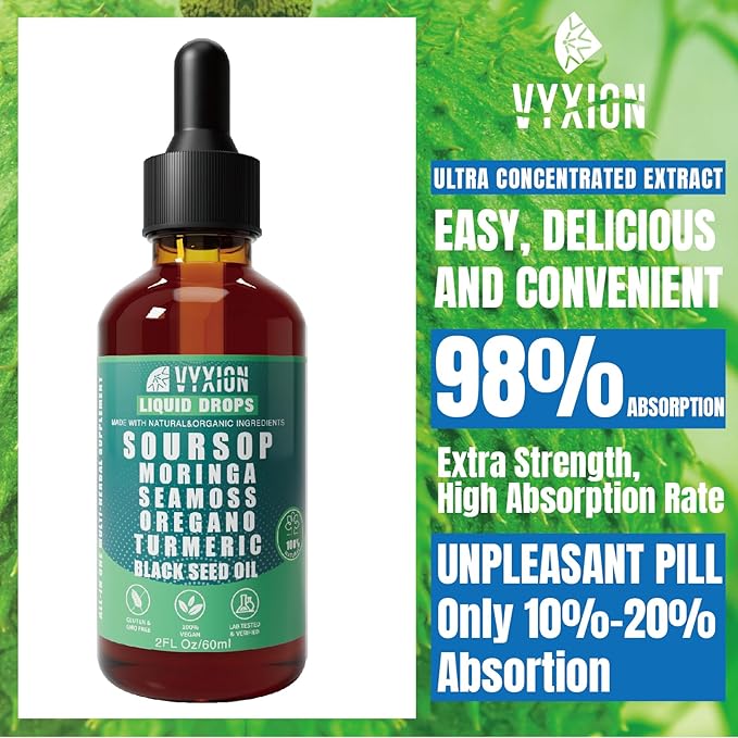 Soursop Pure Liquid Drops 10 in 1 with Sea Moss, Moringa, Turmeric, Black Seed Oil, Oregano, Ashwagandha | Herbal extracts for Overall Health-Enhancing | Vegan, Non-GMO | 4 Fl Oz
