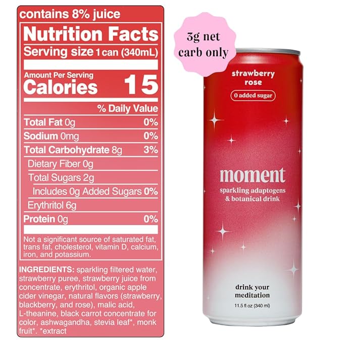 Moment Botanical Soda Soft Drink (Shark Tank) - SPARKLING Drinks | Strawberry Rose | L-Theanine & Ashwagandha for Calm & Clarity | 0 Added Sugar 0 Caffeine | 12-pack