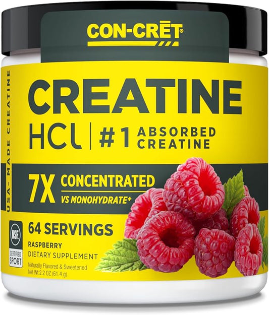 CON-CRET Creatine HCl Powder | Muscle, Cognitive, Cellular Energy Support | No Bloating or Cramps | USA Made & NSF Certified | Raspberry (64 Serving)