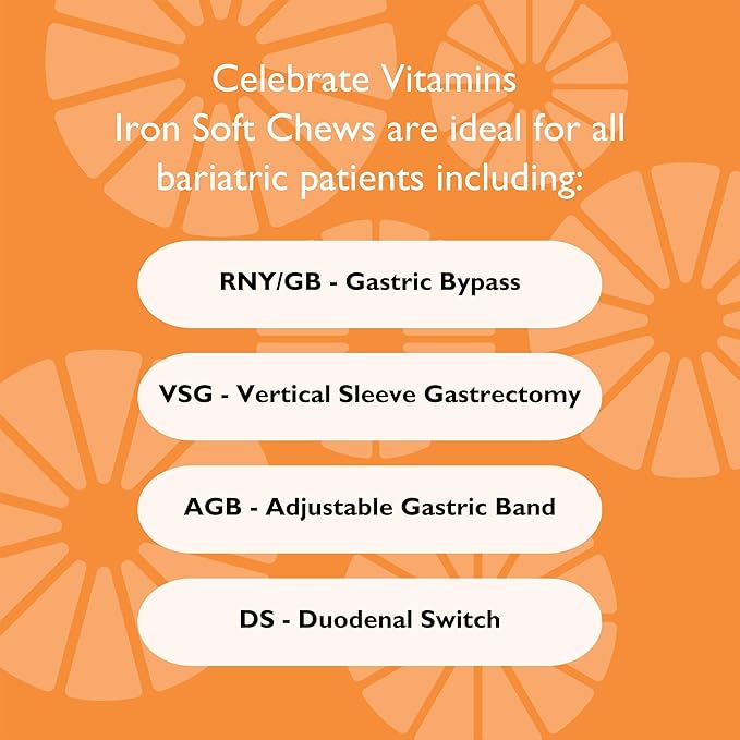 Celebrate Vitamins Iron Supplement with 60mg Iron & Vitamin C – Citrus Chewables for Bariatric Patients, Gastric Bypass & Sleeve Gastrectomy Support – 30 Tablets for Post-Surgery Health Maintenance