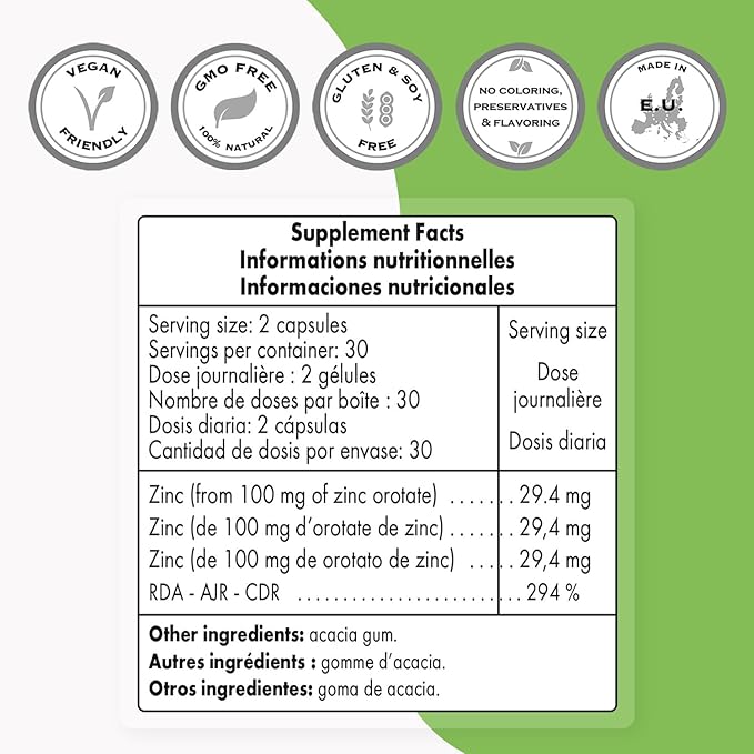 SuperSmart - Zinc Orotate Supplement 100mg per Day (High Absorption) - Enhanced Form | Non-GMO & Gluten Free - 60 Vegetarian Capsules