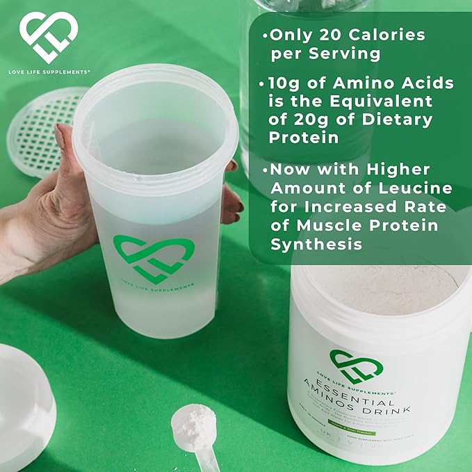 Love Life Supplements EAA Amino Acids Powder, All 9 Essential Amino Acids Including BCAA's and 2 Grams of Leucine per Serving, Apple & Kiwi Flavour, 348g - 60 Servings (5g of EAA's per Serving)