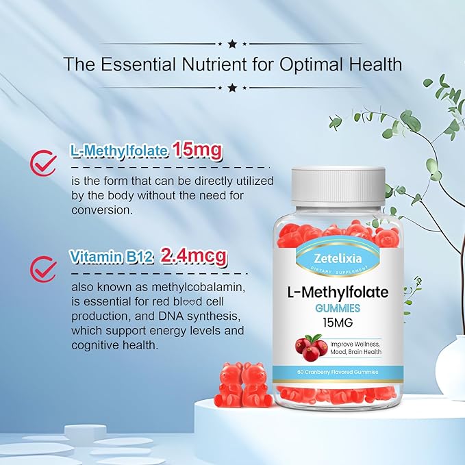 L-Methylfolate 15mg & Methyl B12 Gummies, Folate Supplement for Brain Health, Mood & Immunity, DNA Synthesis & Repair, Sugar Free, Vegan, Cranberry Flavor, 60 Count