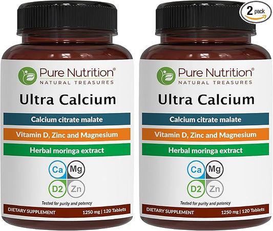Pure Nutrition Ultra Calcium 1000mg with VIT D3 + K2 | 240 Tabs (120 X Pack of 2) | Highly absorbable Calcium Supplement with Calcium Citrate Malate, VIT D3, K2, Moringa Oleifera, Magnesium and Zinc.
