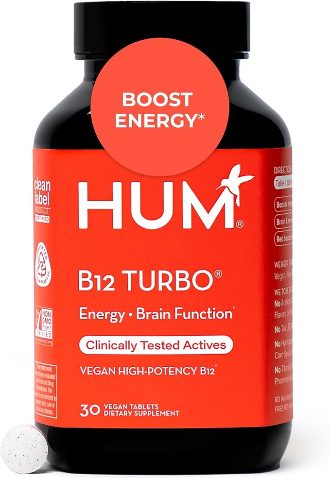 HUM B12 Turbo - Daily Energy & Calcium Support & Mood Support + Hormone Balance - Non-GMO, Gluten-Free, Vegan (30-Count)