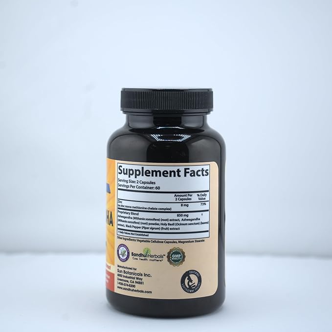 Sandhu Herbals Ashwagandha Supplement| 120 Organic 4 in 1 Capsules, 2 Months Supply| with Zinc, Black Pepper & Holy Basil Extract| Supports Immune Health| Non-GMO
