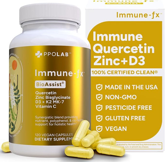 Immune-fx™ Advanced Daily Chelated Zinc Ionophore Immune Support Supplement with Quercetin 500mg Bioflavonoid, Antioxidant Vitamin C, D3, K2, DNA Heart Lung Aid, Clean Certified® 120 Vegan Capsules