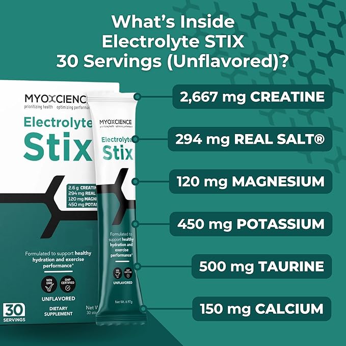 MYOXCIENCE Electrolyte STIX | Creatine Electrolyte Powder | Recovery from Exercise & Muscle Development w/Real Salt (Unflavored) (Stix 30 ct)