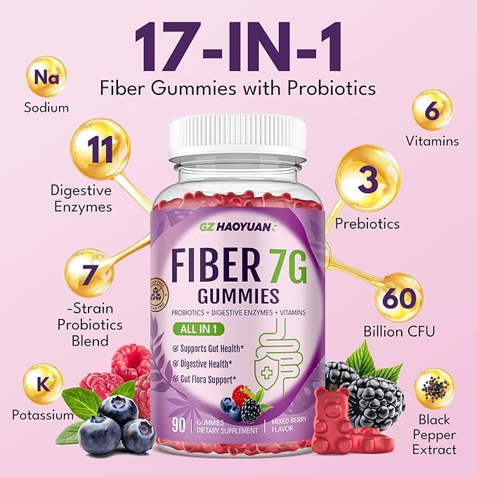 Fiber Gummies for Adults - Sugar Free Fiber Supplement 7g All in 1, Probiotic 60 Billion CFU & Prebiotic with Digestive Enzymes, Inulin, Psyllium, Vitamin, Support for Gut & Digestive Health, 90 Ct