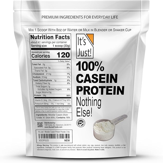 It's Just! - 100% Casein Protein Powder, Made in USA, One Ingredient, Slow Burning, Time Release, 6.9g BCAAs, 1g Carb, Non-GMO (Unflavored, 3lbs/48oz)