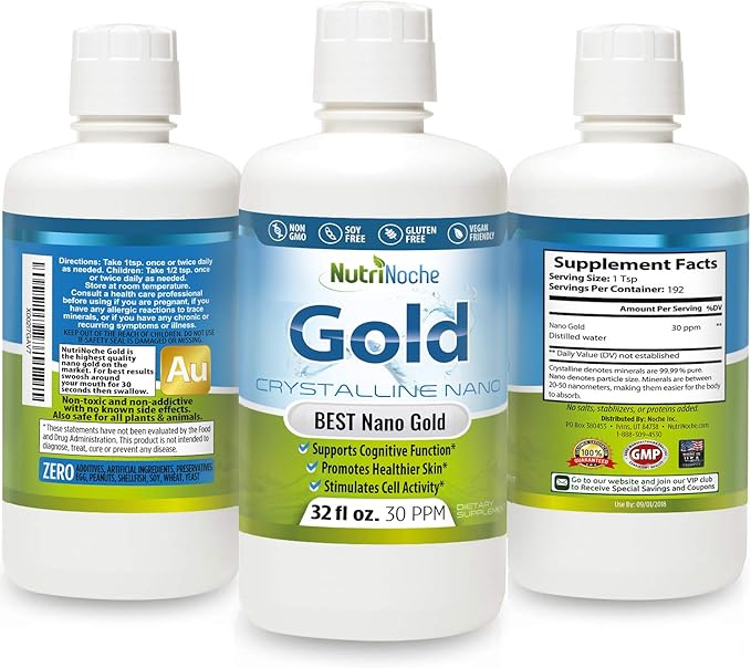 Colloidal Gold Liquid Organic Supplement by Nutrinoche - 100% Pure Nano Gold Mineral - Supports Mental Clarity, Focus & Relaxation - 32 oz Bottle - Vegan, Gluten-Free - Crystalline- 30 ppm