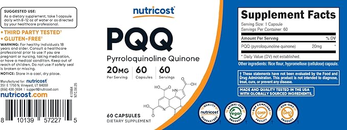 Nutricost PQQ (Pyrroloquinoline Quinone) 20mg, 60 Capsules - Vegetarian Capsules, Non-GMO, Gluten Free