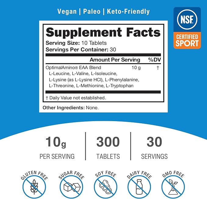 Tablets (300 Count) | 99% Utilized Essential Amino Acid (EAA) Supplement, Increase Muscle Recovery, BCAA Protein Pre/Post Workout | NSF Certified for Sport® Certified