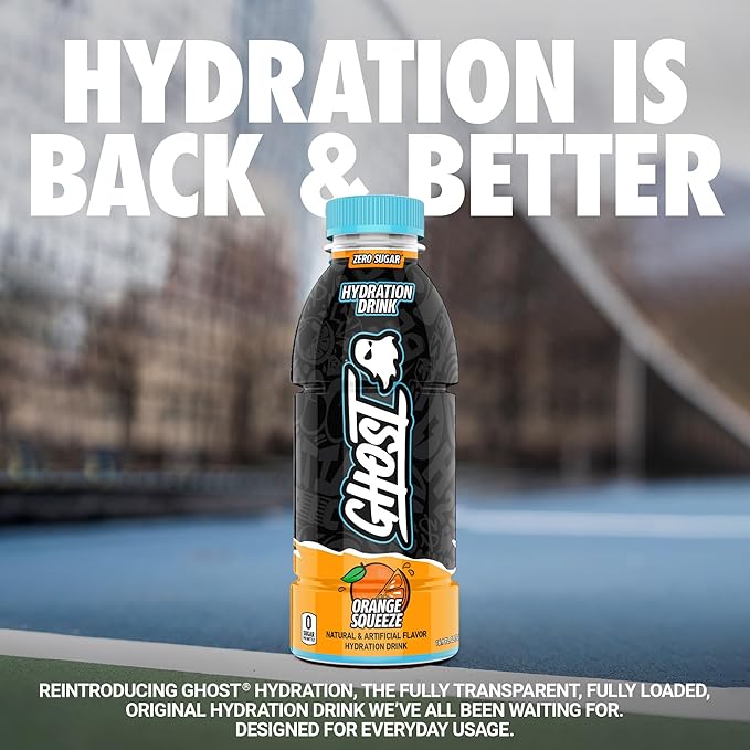 GHOST Hydration Drink, Orange Squeeze - RTD Sports Drink with Electrolytes, Natural Vitamins & Minerals - All Day Lifestyle Hydration Beverage - Zero Caffeine & Zero Sugars - 16.9 Fl Oz, 12 Pack