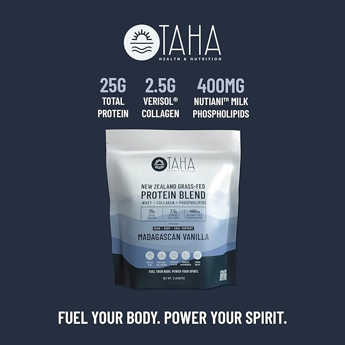 Taha Health & Nutrition Mind + Body Protein Blend – Madagascan Vanilla | 25g Protein from Whey & Collagen + 400mg Milk Phospholipids | Grass-Fed, Free-Range New Zealand Dairy | 2LB