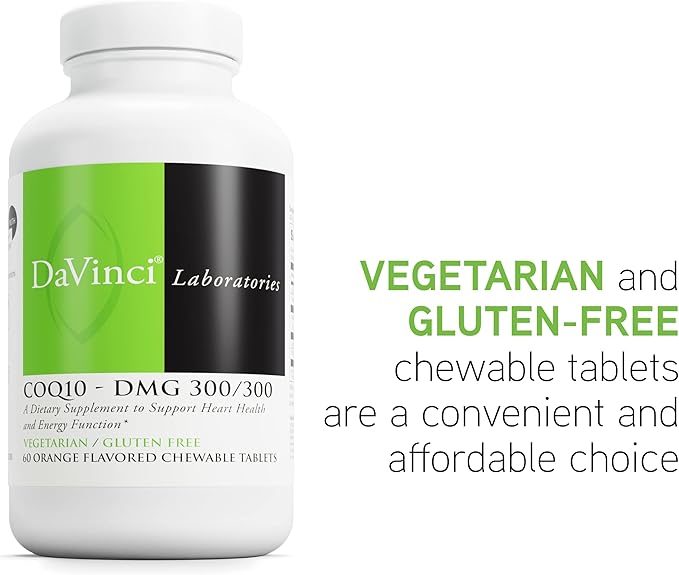 DAVINCI Labs CoQ10 - DMG 300/300 - Supports Heart Health and Energy Function* - Dietary Supplement with Coenzyme Q10 & Vitamin E - Vegetarian - Gluten-Free - 60 Orange Flavored Chewable Tablets