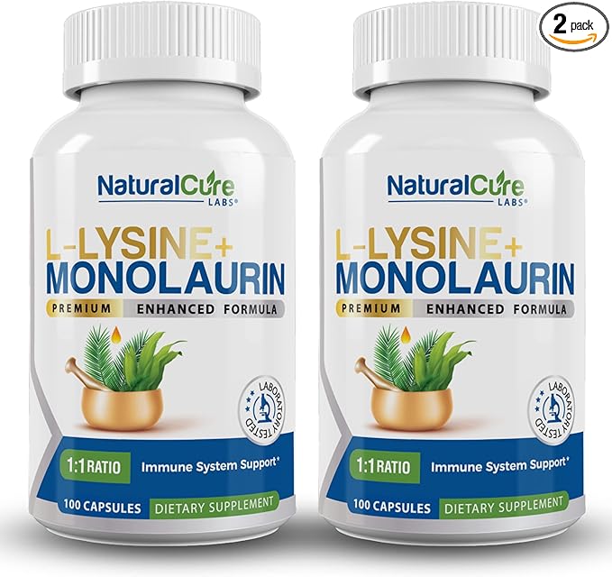 L-Lysine + Monolaurin 600mg 1:1 Ratio, 2 Pack, 200 Capsules