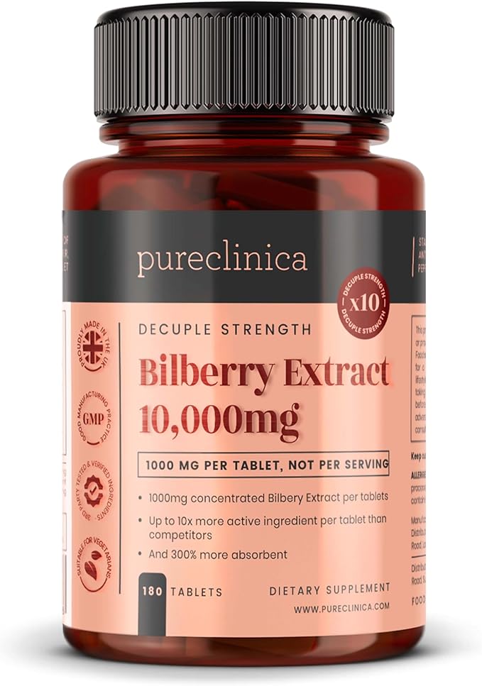 pureclinica Bilberry Extract 10,000mg x 180 Tablets (6 Months Supply)- 10X More anthocyanidin Plus 5mg Black Pepper per Tablet