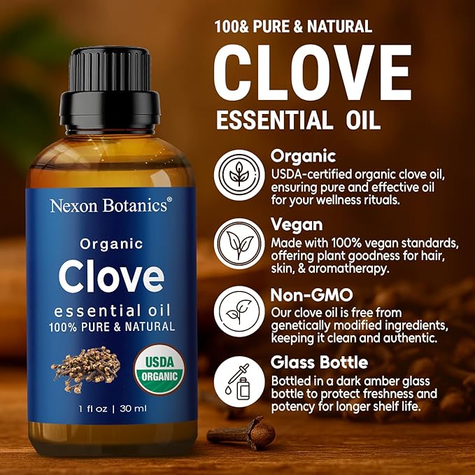 Organic Clove Essential Oil 30 ml - Pure, Natural, Undiluted for Toothache, Sore Muscles, Skin & Hair Care - Soothing Clove Bud Essential Oil - Nexon Botanics