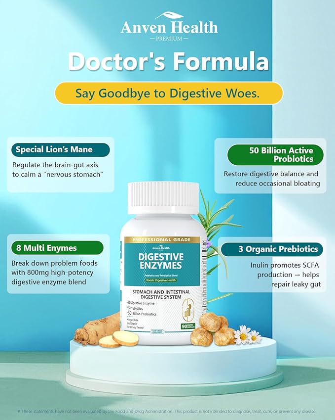 800mg Digestive Enzymes for Men and Women with Probiotics & Organic Prebiotics, 8 Key Enzymes, Protease, Amylase & Lipase for Bloating, Gas Relief, Non-GMO | 90 Capsules