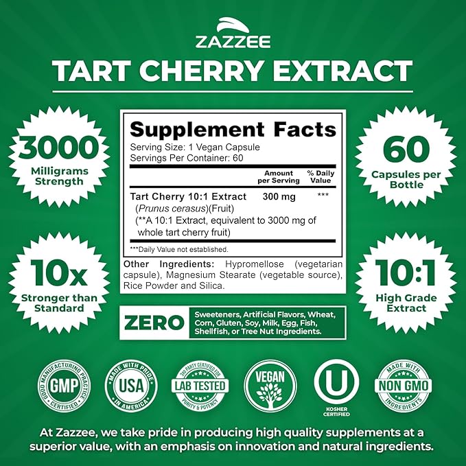 Zazzee Tart Cherry 10:1 Extract, 3000 mg Strength, 60 Vegan Capsules, 2 Month Supply, Certified Kosher, Concentrated and Standardized 10X Extract, 100% Vegetarian, All-Natural, Gluten Free, Non-GMO