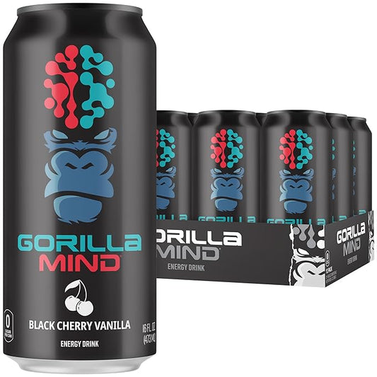 Gorilla Mind Energy Drink | Unmatched Energy · Amplified Focus | N-Acetyl-L-Tyrosine, Alpha-GPC, 200mg Caffeine, Uridine, Saffron | 0 Sugar Or Artificial Colors | 16oz, 12-Pack (Black Cherry Vanilla)