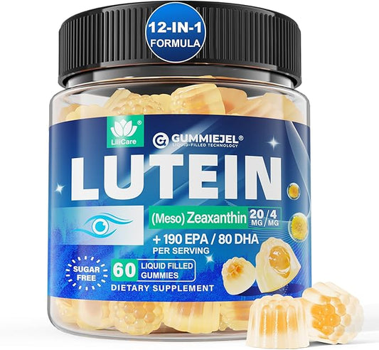 Sugar Free Lutein 20mg 40mg and Zeaxanthin Gummies for Eyes with Omega 3 (EPA 190mg & DHA 80mg), Lutein Supplements Eye Vitamins Filled Gummies Plus Bilberry, Goji Berry & Saffron, Vegan - 60 Count