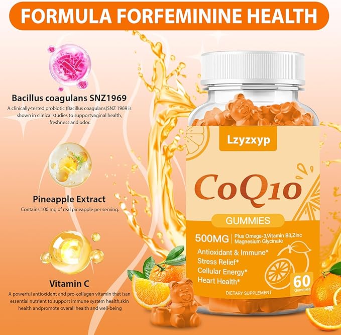 CoQ10 Oranges Gummies 500mg-3X Better Absorption Coenzyme Q10 Supplements - Plus Omega-3, Magnesium, Vitamin B3 & Zinc for Heart Health, Cellular Energy & Antioxidant, Vegan, Non-GMO 60 Ct (1)