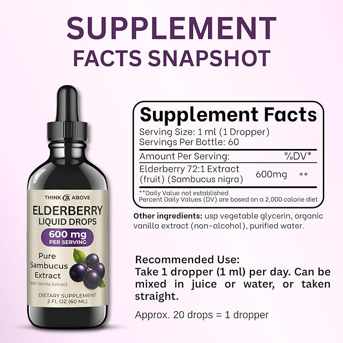 Elderberry Liquid Drops, 600mg, 2 Fl Oz, Pure Sambucus Extract with Vanilla, Vegan Immune Support Supplement