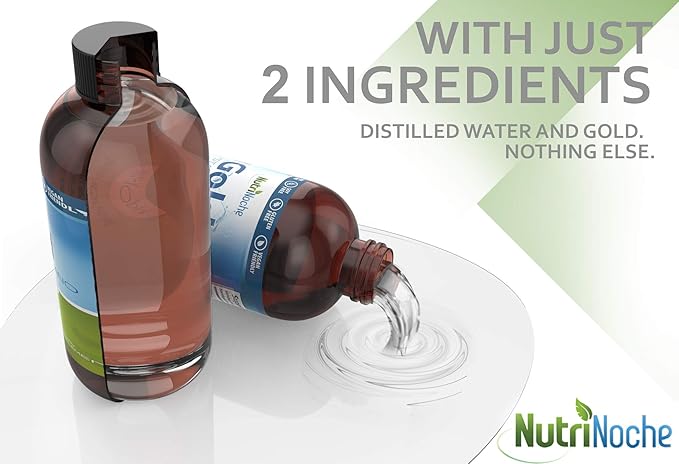 Colloidal Gold Liquid Organic Supplement by Nutrinoche - 100% Pure Nano Gold Mineral - Supports Mental Clarity, Focus & Relaxation - 32 oz Bottle - Vegan, Gluten-Free - Crystalline- 30 ppm