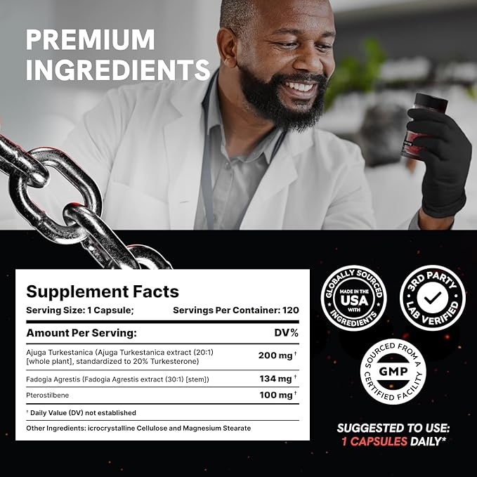 Turkesterone Supplement for Men - Organic Turkesterone Supplement for Muscle Growth w/Fadogia Agrestis Pterostilbene | Complexed Turkesterone Powder | 120 Turkestrone Vegan Capsules 1 Pack
