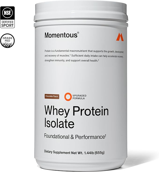 Momentous Essential Grass-Fed Whey Protein Isolate, 24 Servings Per Pouch for Essential Everyday Use, Gluten-Free, NSF Certified (Chocolate)