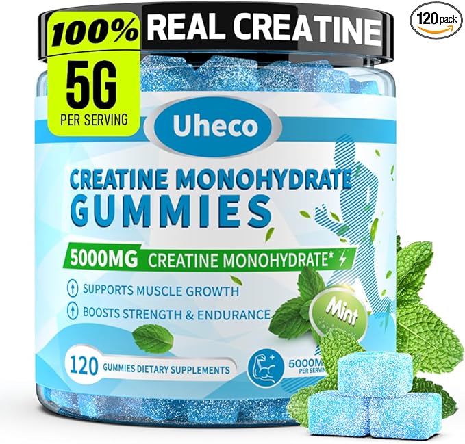 Mint Flavor Creatine Monohydrate Gummies for Men & Women,Contains L-Taurine + Vitamin B12, Betaine, L-Citrulline for Improve Exercise Endurance, Muscle Strength -120 Count