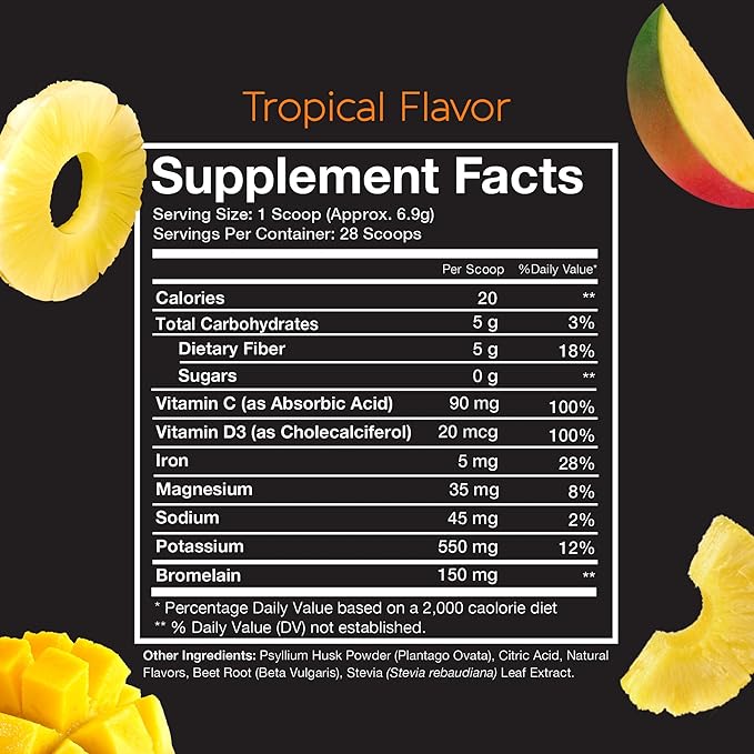 Pinch Magic Sugar Free Fiber Powder – Light Tropical Flavor Psyllium Husk with Bromelain & Vitamins C & D – Vegan, Gluten-Free, Clean Label, USA-Made, GMP-Certified – 28-Day Supply