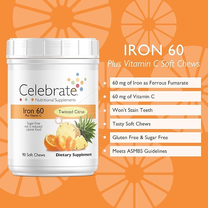 Celebrate Vitamins Iron Supplement with 60mg Iron & Vitamin C – Citrus Chewables for Bariatric Patients, Gastric Bypass & Sleeve Gastrectomy Support – 30 Tablets for Post-Surgery Health Maintenance
