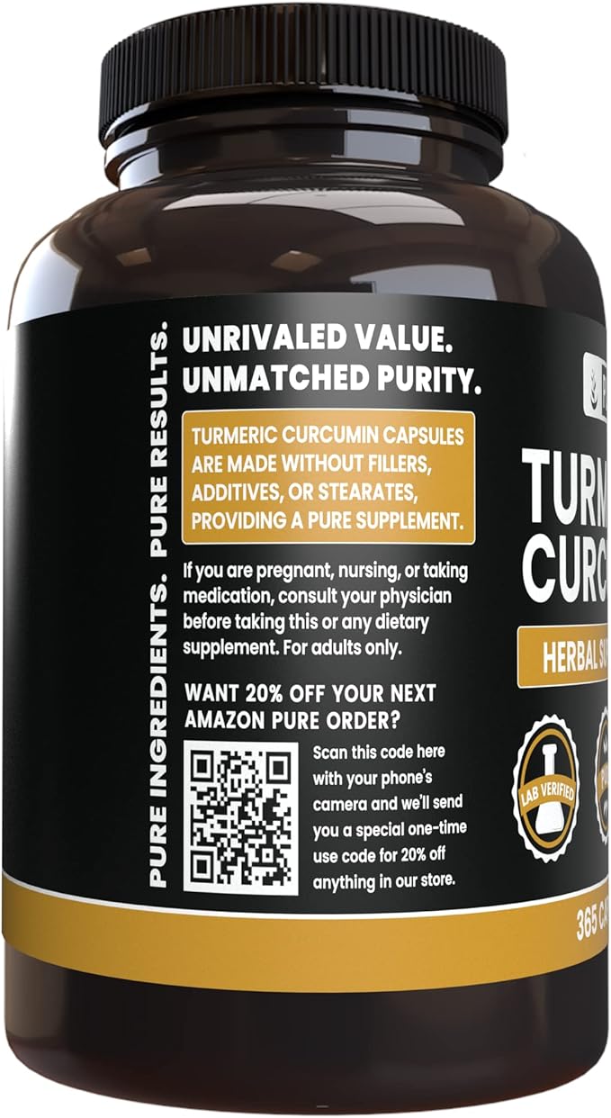 PURE ORIGINAL INGREDIENTS Turmeric Curcumin (365 Capsules) No Magnesium Or Rice Fillers, Always Pure, Lab Verified