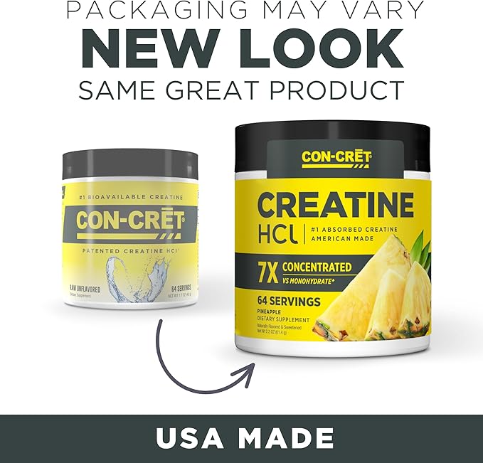 CON-CRET Creatine HCl Powder | Muscle, Cognitive, Cellular Energy Support | No Bloating or Cramps | USA Made & NSF Certified | Pineapple (64 Serving)