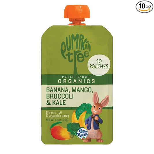Pumpkin Tree Peter Rabbit Organics, Banana, Mango, and Kale, 4 Squeeze Pouch, Mango, Broccoli & Kale, 4.4 Ounce (Pack of 10)