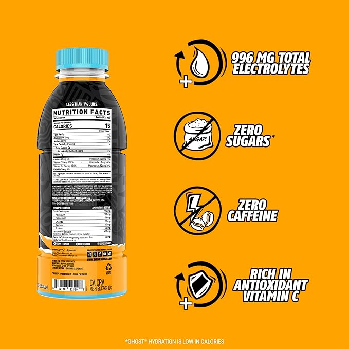 GHOST Hydration Drink, Orange Squeeze - RTD Sports Drink with Electrolytes, Natural Vitamins & Minerals - All Day Lifestyle Hydration Beverage - Zero Caffeine & Zero Sugars - 16.9 Fl Oz, 12 Pack