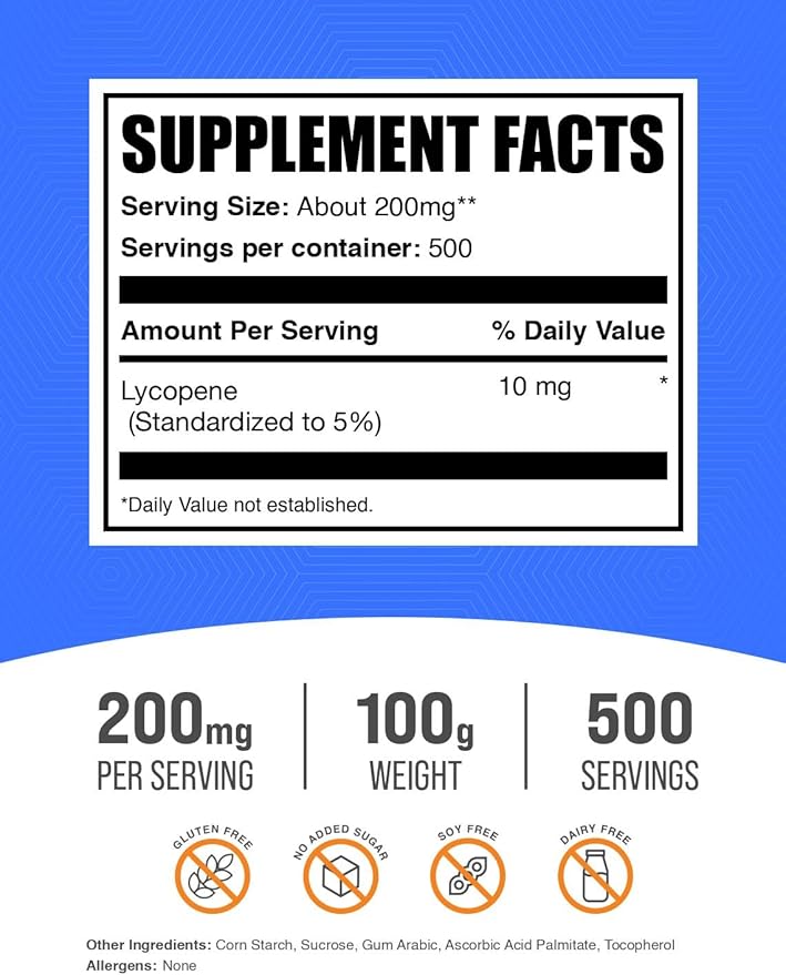 BulkSupplements.com Lycopene Powder - Lycopene Supplement, Lycopene 10mg - Antioxidants Supplement, Gluten Free, 200mg per Serving, 100g (3.5 oz) (Pack of 1)