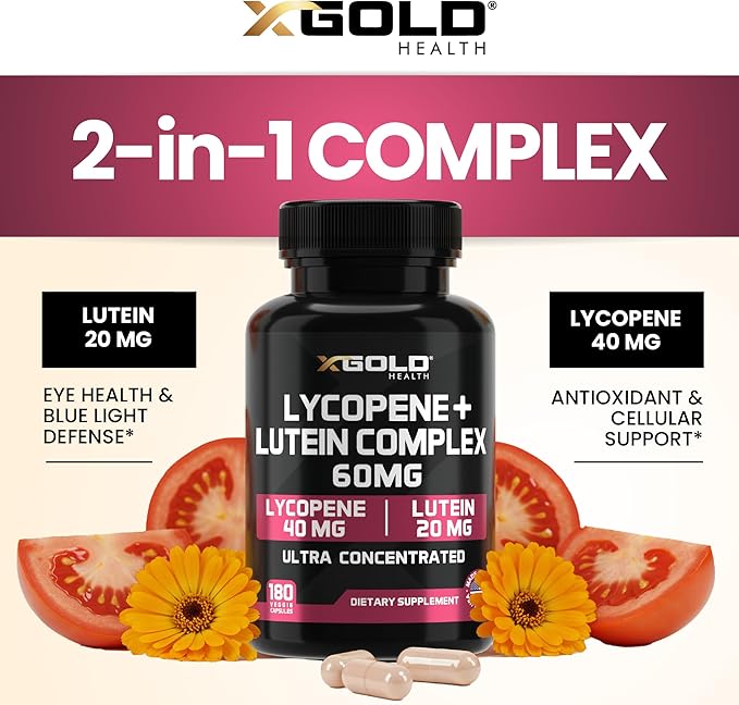 Lycopene + Lutein Supplement 60mg | Lycopene 40mg from Tomato & Lutein 20mg from Marigold Extract - 2-in-1 Ultra-Concentrated Health Supplements | Non-GMO & Gluten Free - 180 Veggie Caps Made in USA