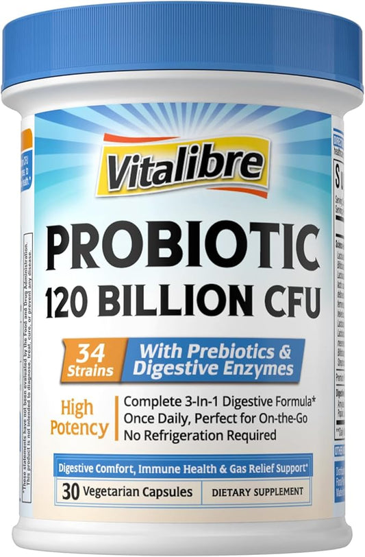 Probiotics for Women and Men, 120 Billion CFU 34 Strains, with Digestive Enzymes & Prebiotics, No Gluten, Gut Health, Digestive Health, Bloat Relief, 30 Vegetarian Capsules