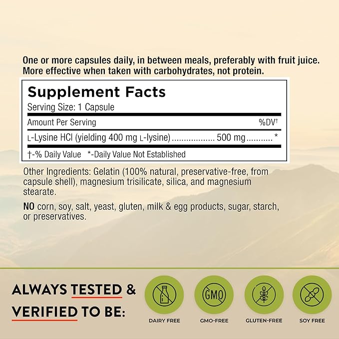 Mt. Angel Vitamins - Premium L-Lysine 500mg Capsules – Vegan-Friendly Essential Amino Acid – Supports Immune System & Collagen Formation – Non-GMO – 60 Capsules