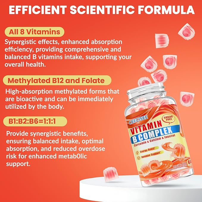 Natural Methylated Vitamins B Gummies: Chewable Supplement Complex with B1 B2 B3 B5 B6 B7 B9 B12 Zinc Magnesium Ashwagandha for Daily Energy Support - for Vegan Work Adults(60Count)